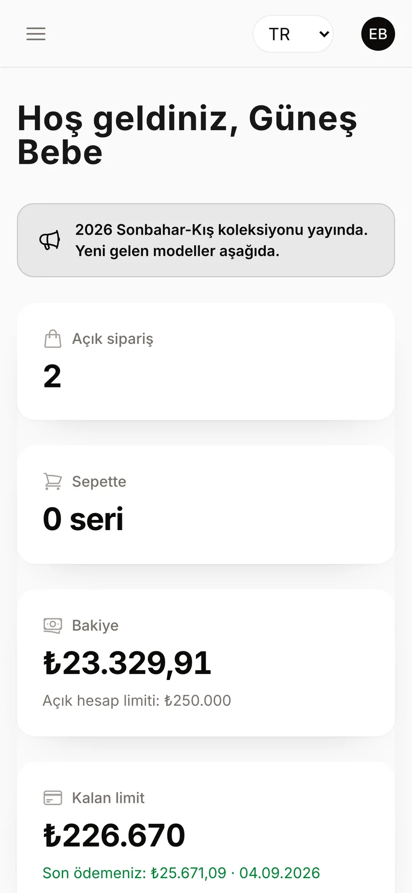 Müşterinin telefonundaki portal ana sayfası