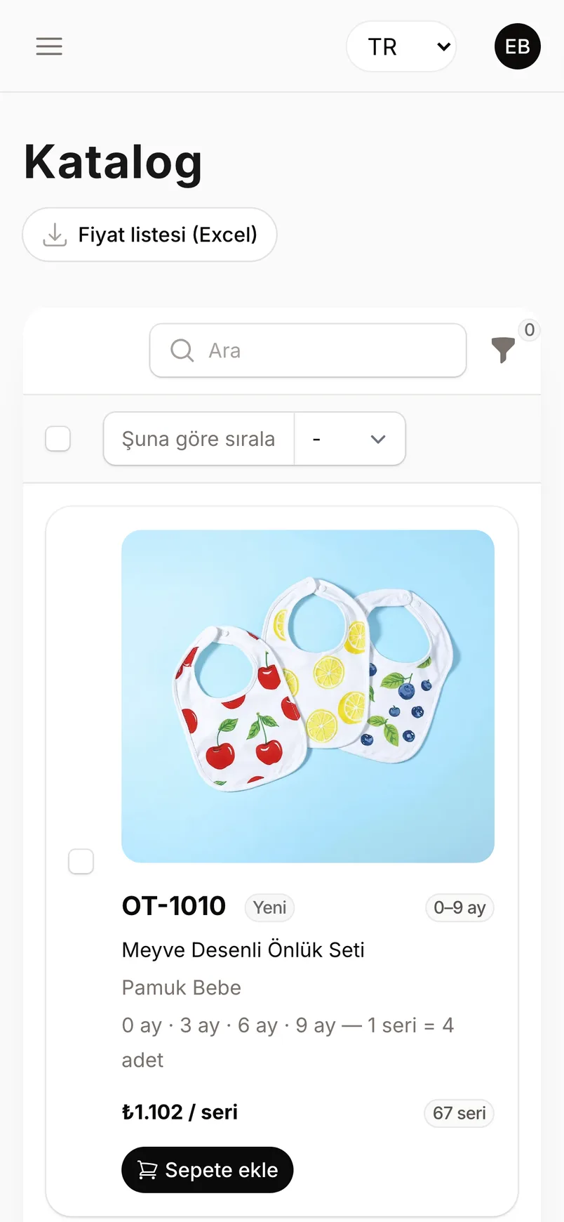 Müşterinin telefonundaki katalog: ürün, satış birimi ve fiyat